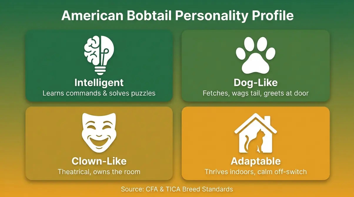 American Bobtail cat personality traits infographic showing intelligent, dog-like, clown-like, and adaptable icons