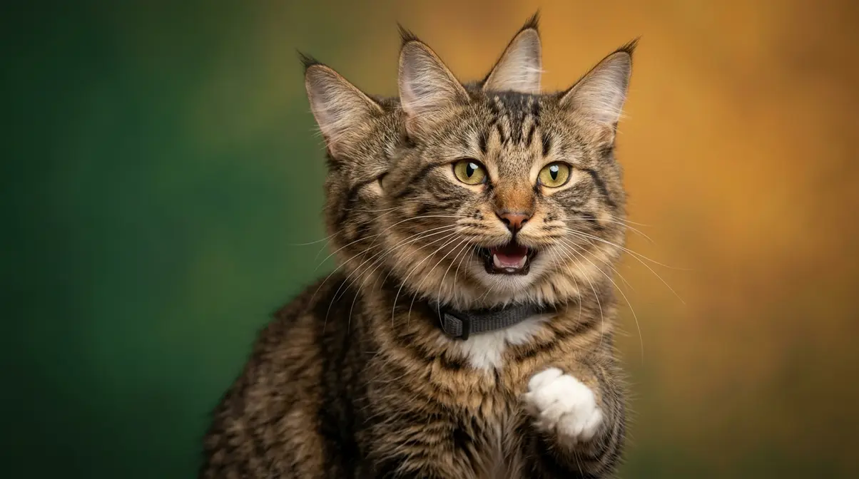 American Bobtail cat with raised paw and alert expression showing intelligent and responsive personality traits