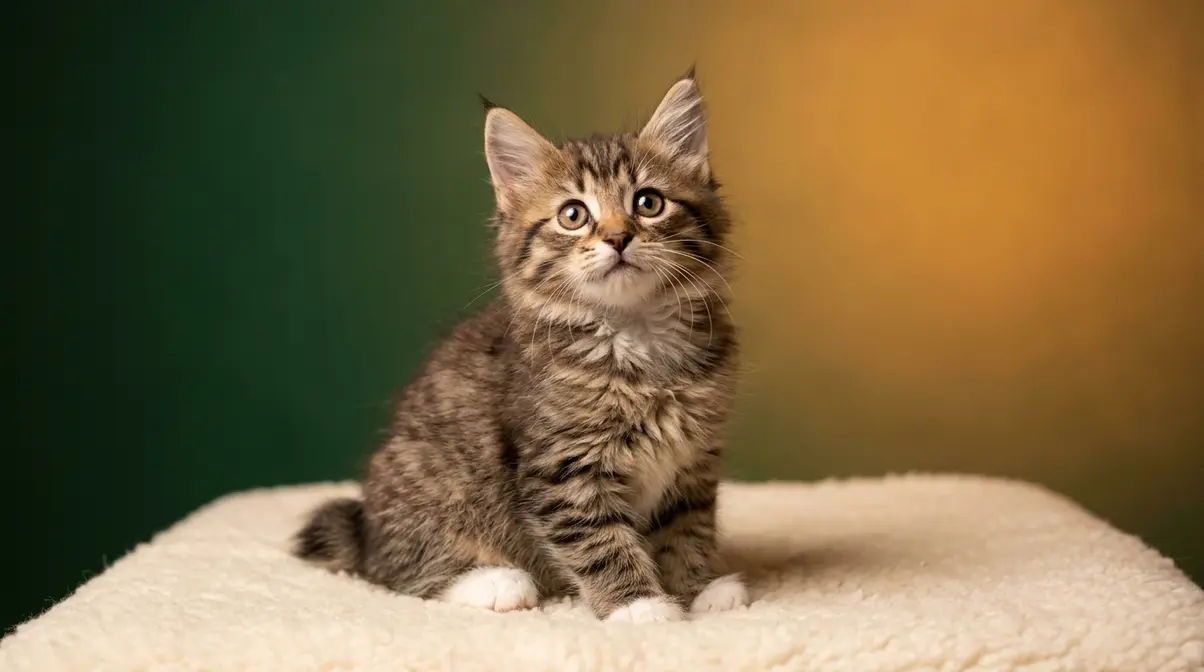 Rare American Bobtail kitten with short bobtail sitting and looking up with curious wide eyes