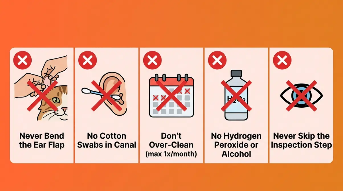 Five common American curl cat ear care mistakes to avoid including bending ears, cotton swabs, and unapproved cleaning products