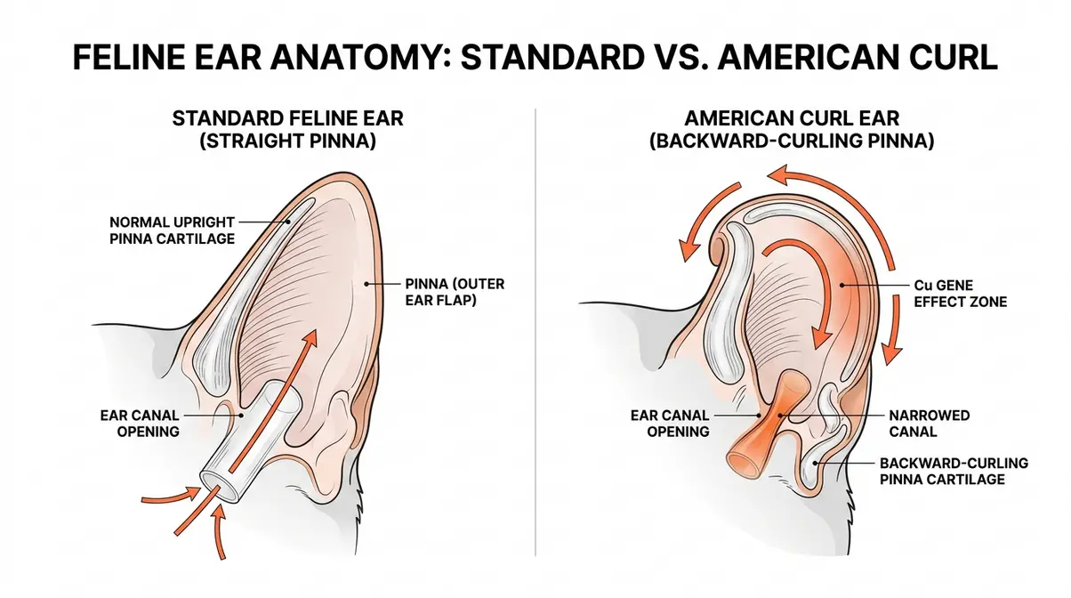 Anatomical diagram of American curl cat ears cartilage showing how the Cu gene affects the outer ear pinna structure
