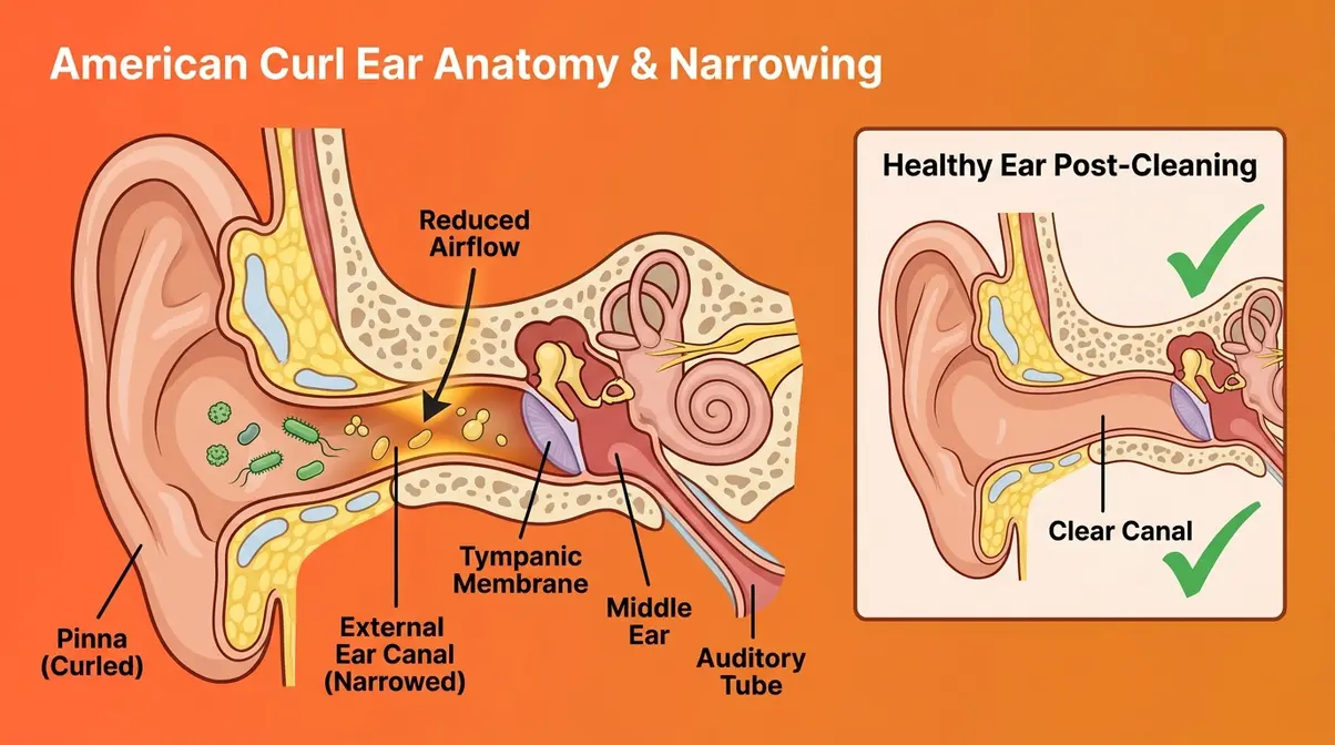 Cross-section illustration of American curl cat ear canal showing narrowing that increases infection risk with reduced airflow