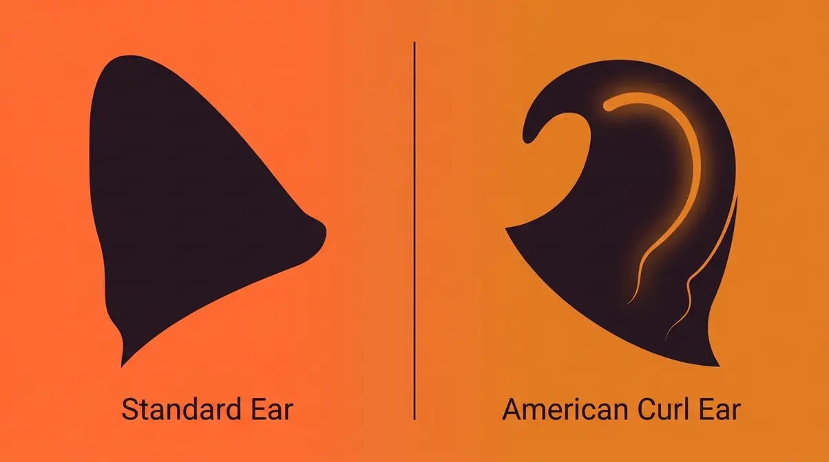 Comparison of standard straight cat ear versus American curl cat ears showing the distinctive backward curl difference