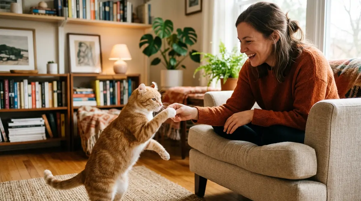 American curl cat with backward-curling ears interacting playfully with owner showing friendly social temperament
