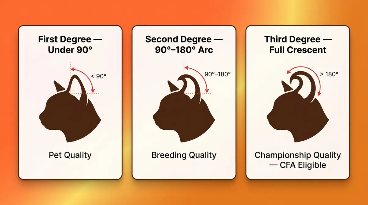 Three degrees of American curl cat ears showing first degree minimal curl, second degree arc, and third degree full crescent