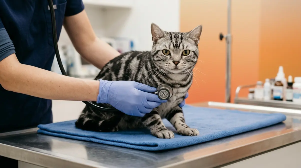 American Shorthair cat receiving veterinary cardiac examination for HCM health screening