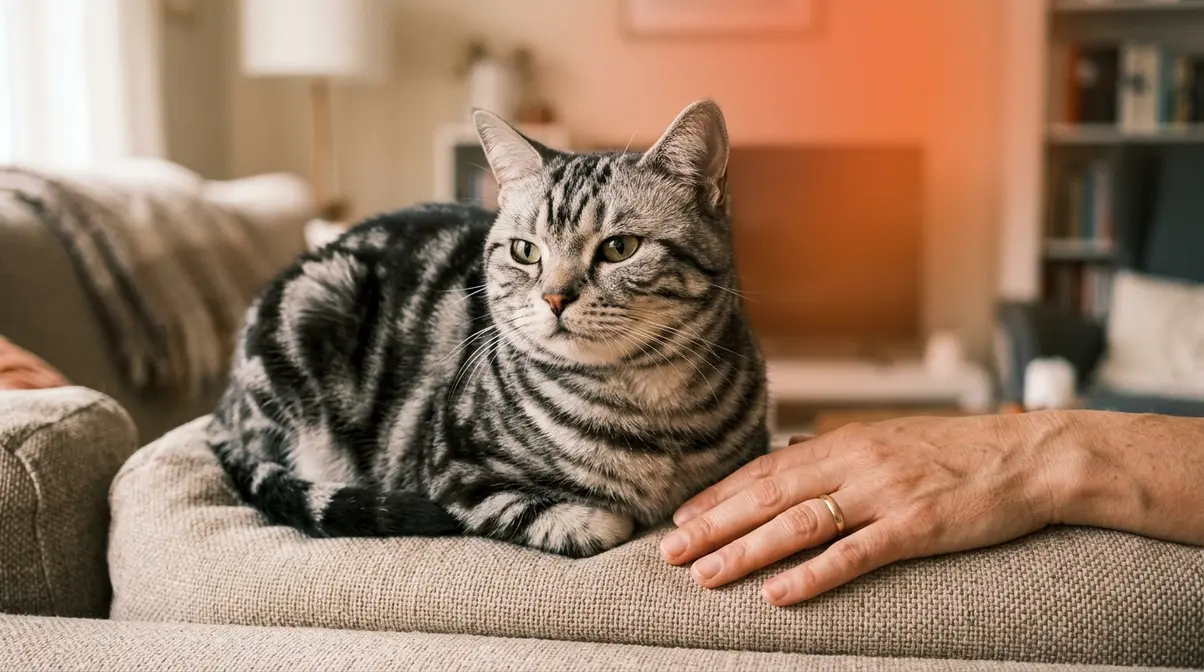 American Shorthair cat sitting calmly on couch showing gentle affectionate personality