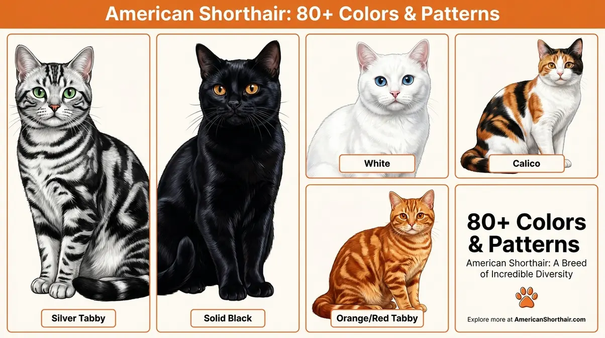 American Shorthair cat coat color variations gallery silver tabby black white calico orange