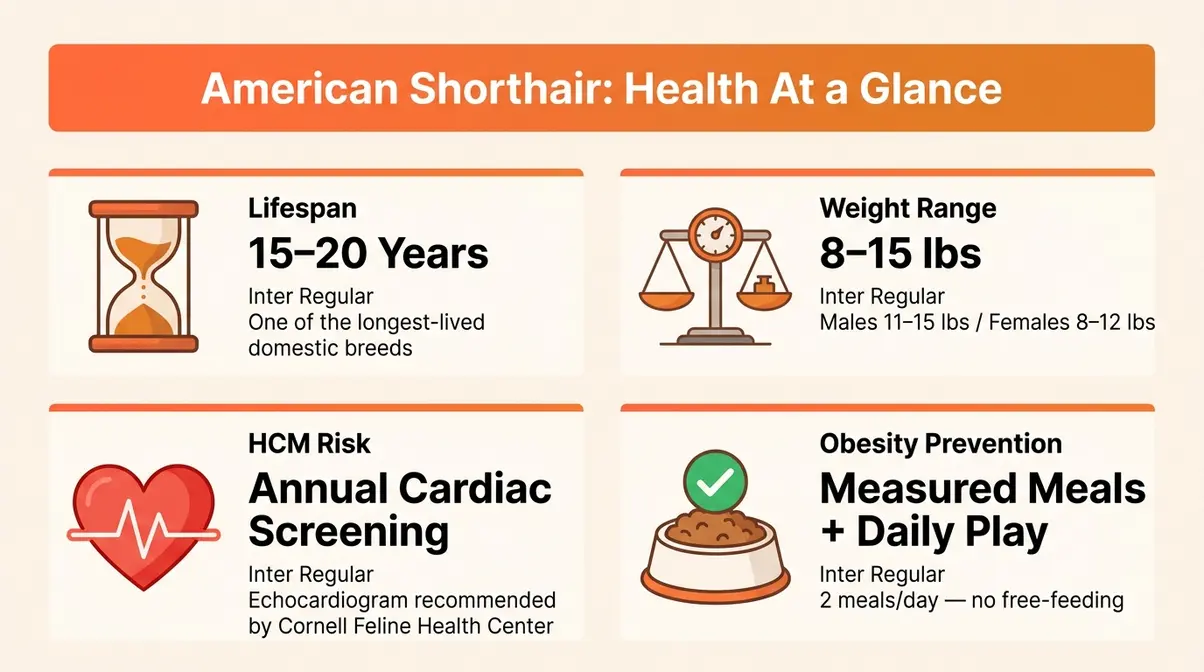 American Shorthair cat health lifespan infographic showing 15 to 20 years weight HCM risk