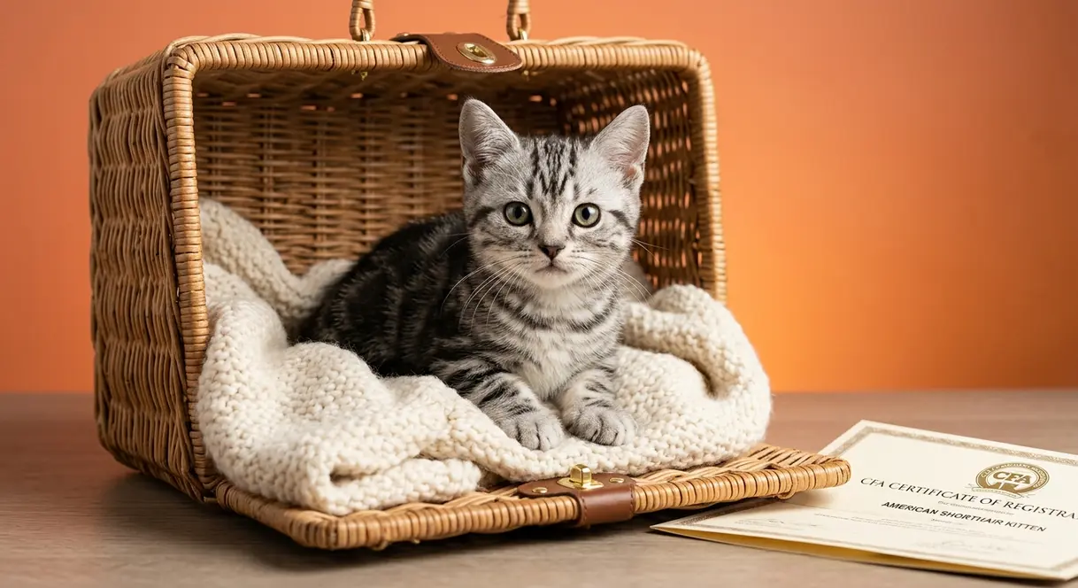 American Shorthair kitten in carrier with CFA registration papers from reputable breeder
