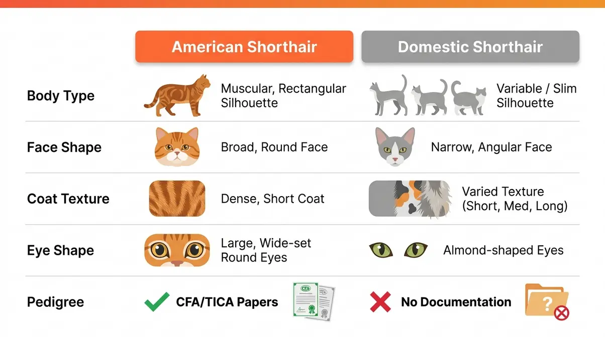 American Shorthair cat vs domestic shorthair physical identifier checklist comparison chart