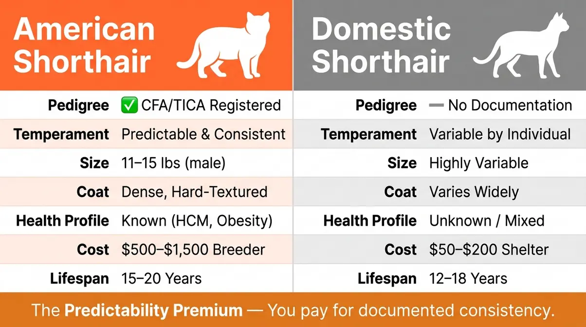 American Shorthair cat vs domestic shorthair comparison chart showing seven key differences