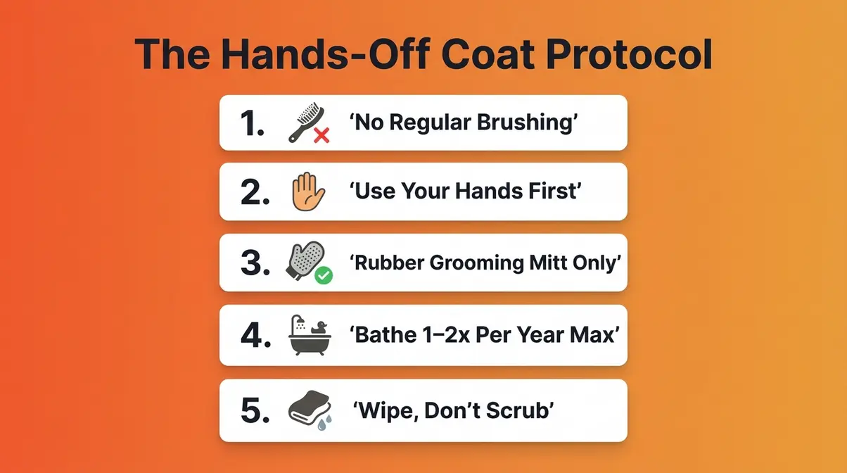 American Wirehair cat breed hands-off coat protocol five step grooming infographic with do and dont icons