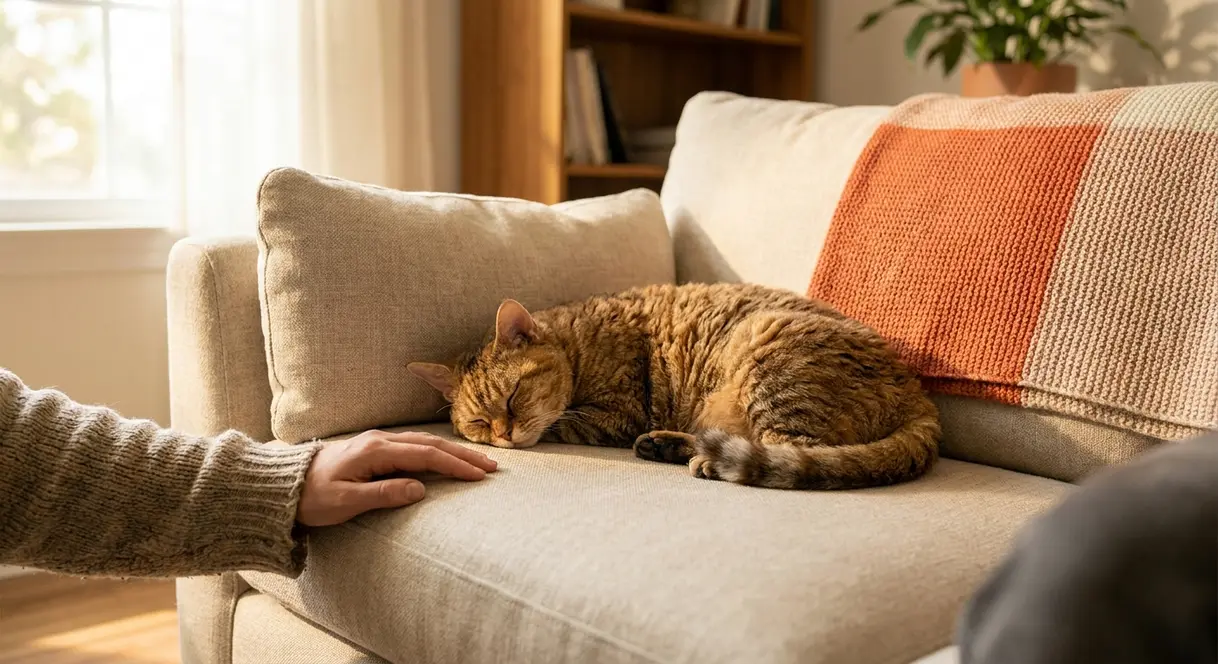 American Wirehair cat breed relaxing calmly on couch indoors next to owner showing companionship temperament