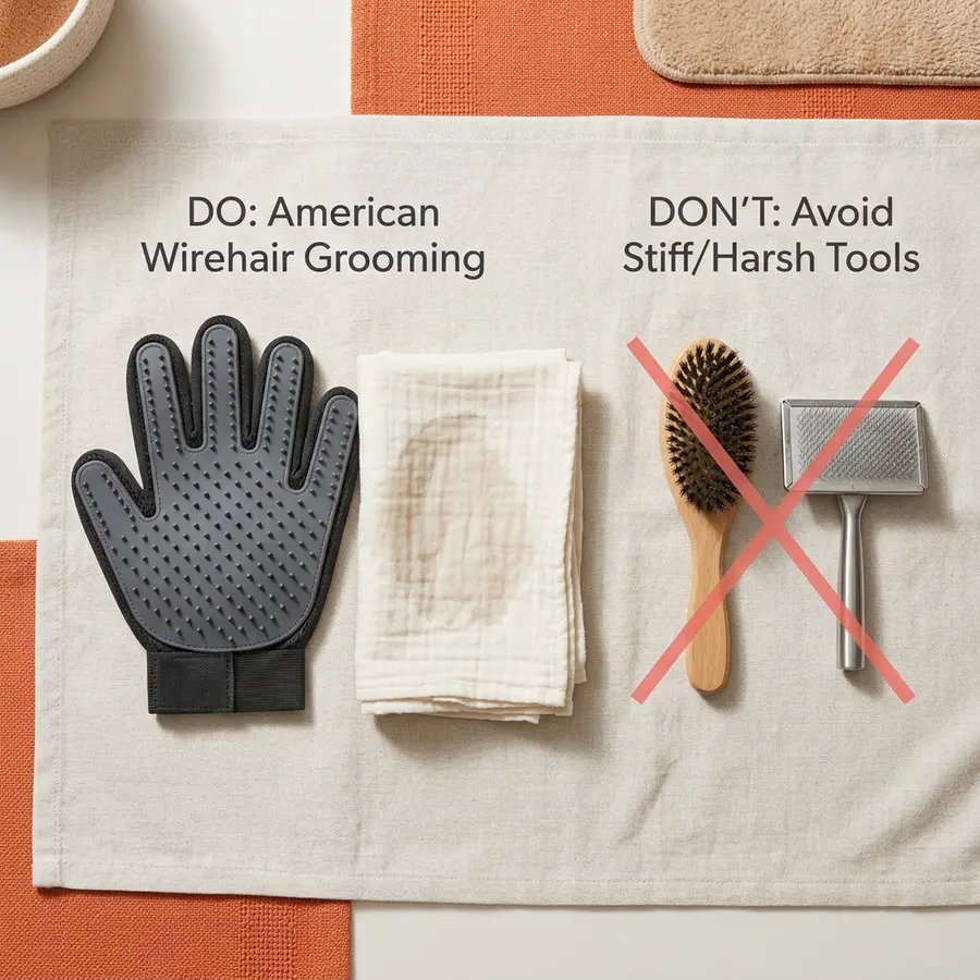American Wirehair cat breed grooming tools showing approved rubber mitt and rejected stiff brush for coat care