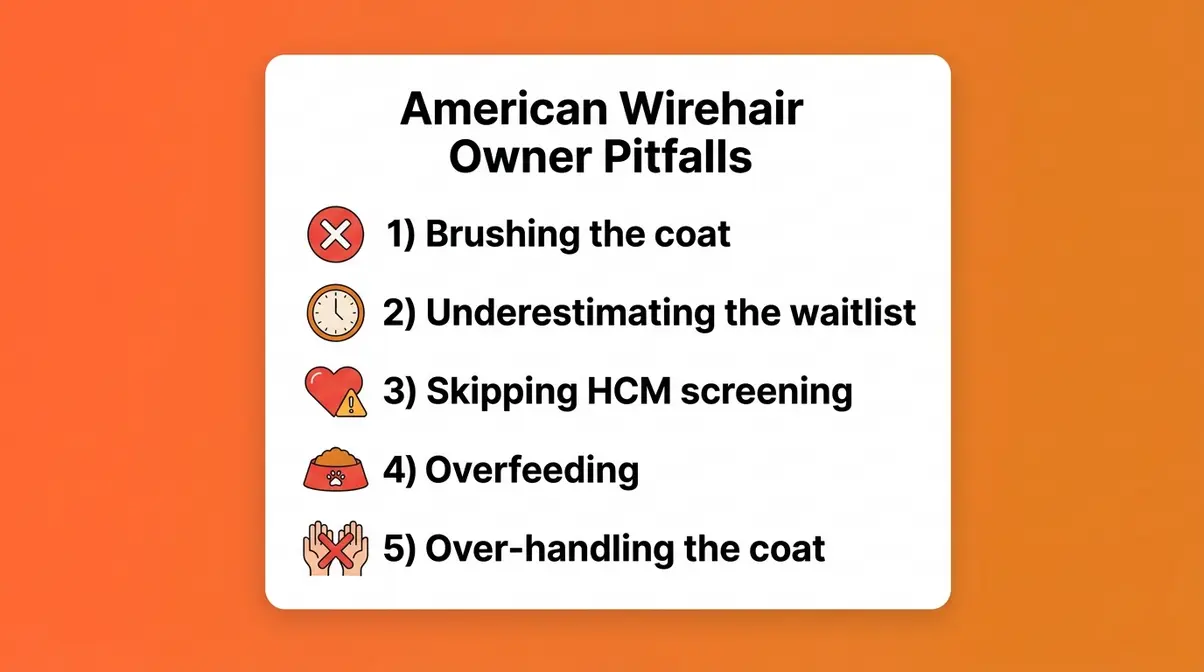 American Wirehair cat breed common owner mistakes checklist showing five pitfalls to avoid