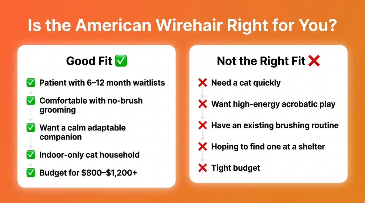 American Wirehair cat breed ownership checklist infographic showing is this breed right for you yes no decision guide
