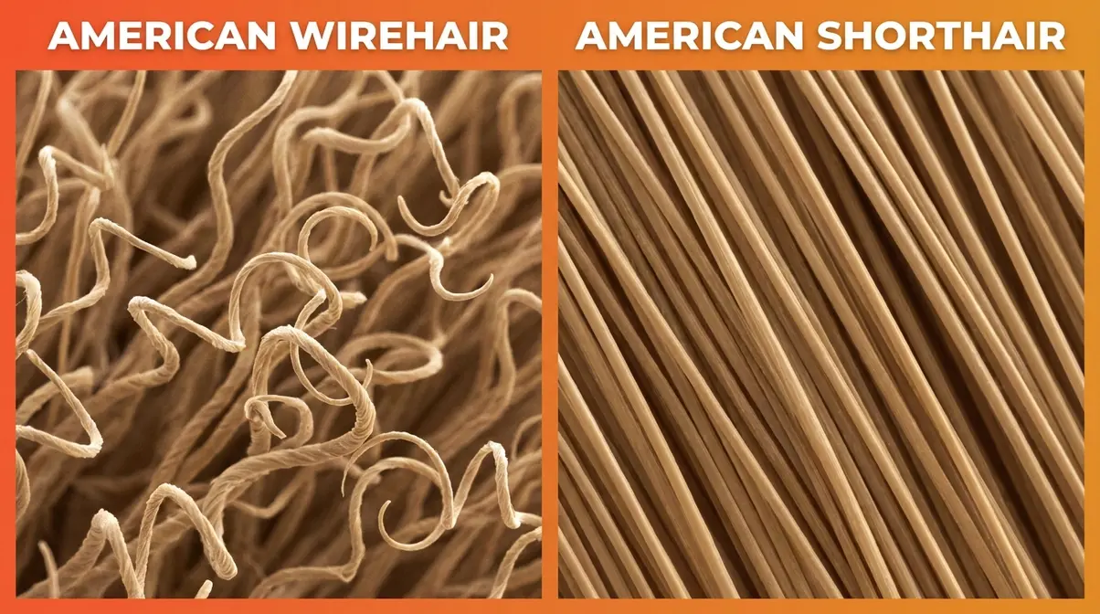 American Wirehair cat breed coat versus American Shorthair coat comparison macro showing crimped versus smooth fur texture