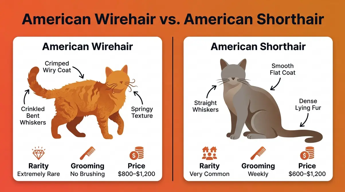 American Wirehair versus American Shorthair comparison infographic showing coat texture whiskers rarity and grooming differences