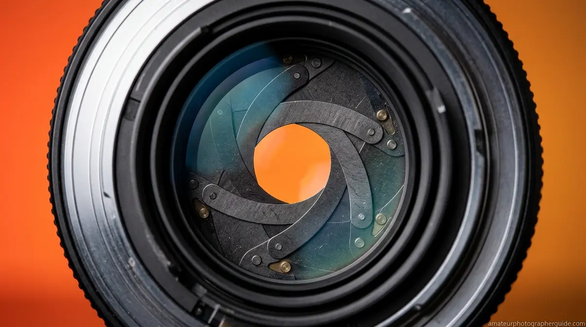 Close-up of overlapping diaphragm blades forming the aperture opening inside a camera lens