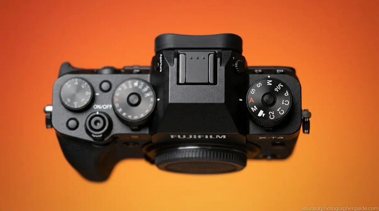 Camera mode dial set to Aperture Priority mode indicated by the letter A