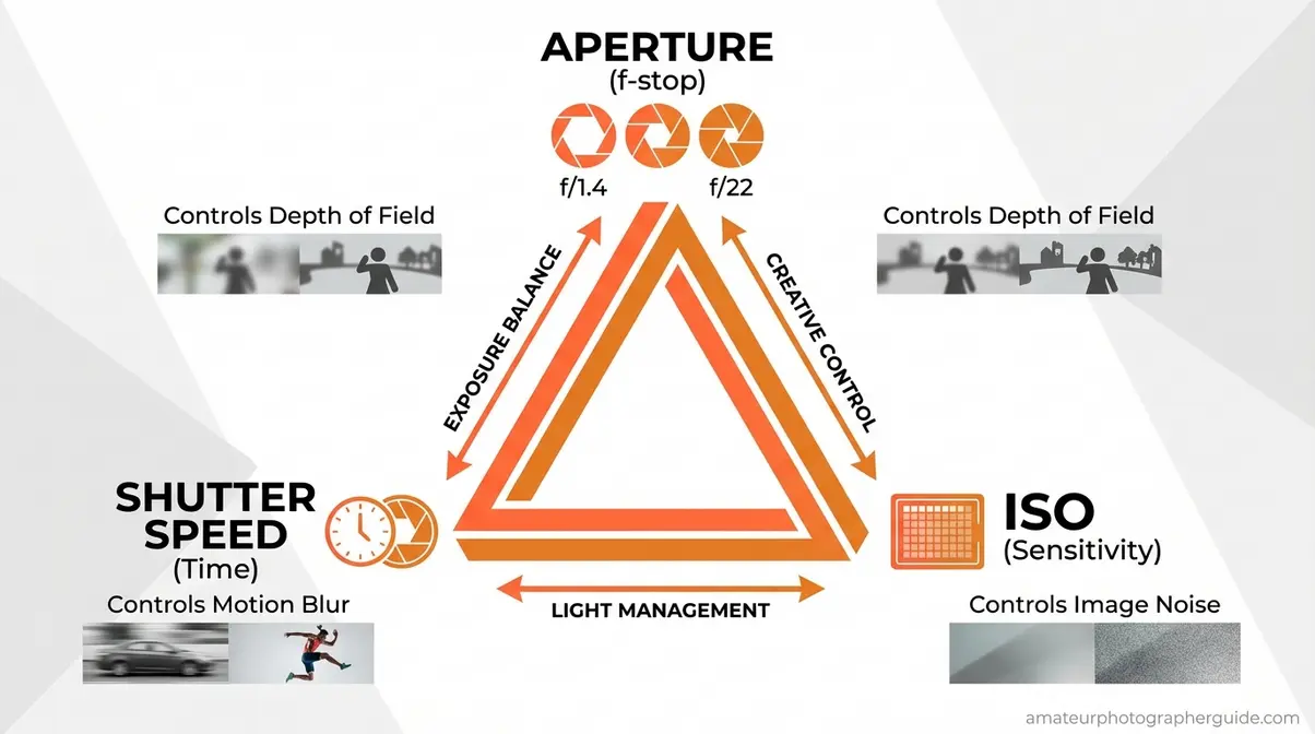 Exposure triangle showing aperture shutter speed and ISO as three sides of a triangle with their creative effects labeled