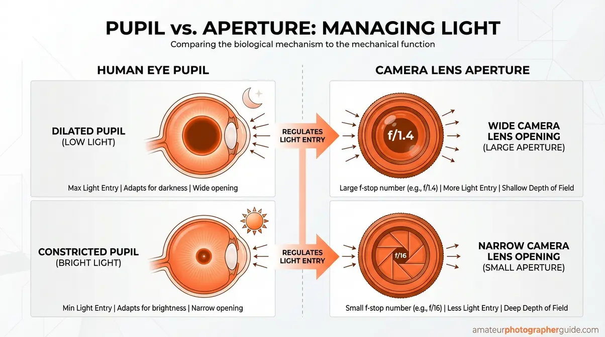 Aperture explained using eye pupil analogy showing dilated and constricted pupil next to wide and narrow lens opening