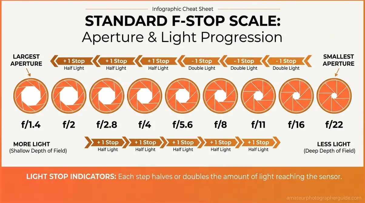 F-stop scale from f/1.4 to f/22 showing aperture opening size decreasing as f-number increases with light stops indicated