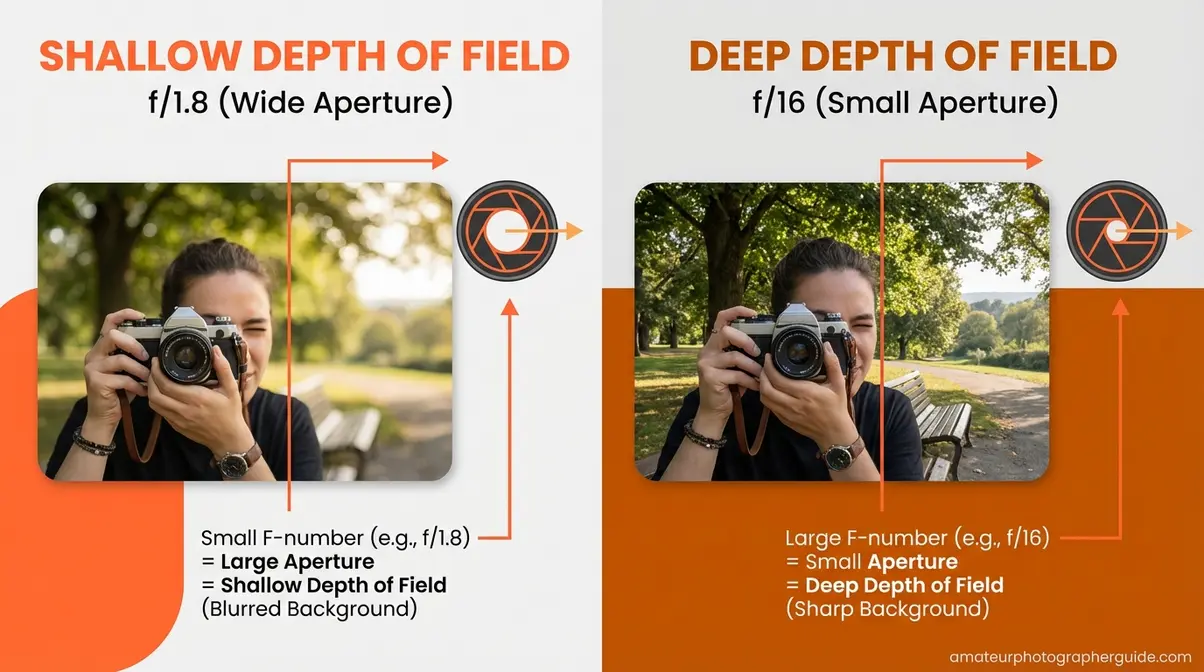 Shallow depth of field at f/1.8 showing blurry background bokeh versus deep depth of field at f/16 with everything in sharp focus