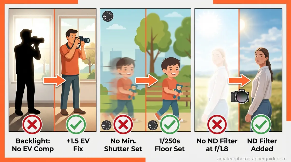 Aperture priority mode common mistakes showing backlight motion blur and overexposure problems with solutions