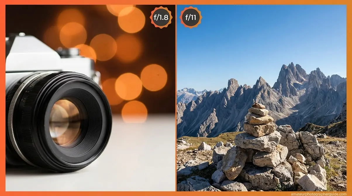 Aperture priority mode depth of field comparison showing wide aperture bokeh versus narrow aperture landscape sharpness