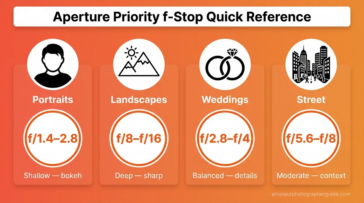 Aperture priority mode f-stop cheat sheet showing recommended settings for portraits landscapes weddings and street photography