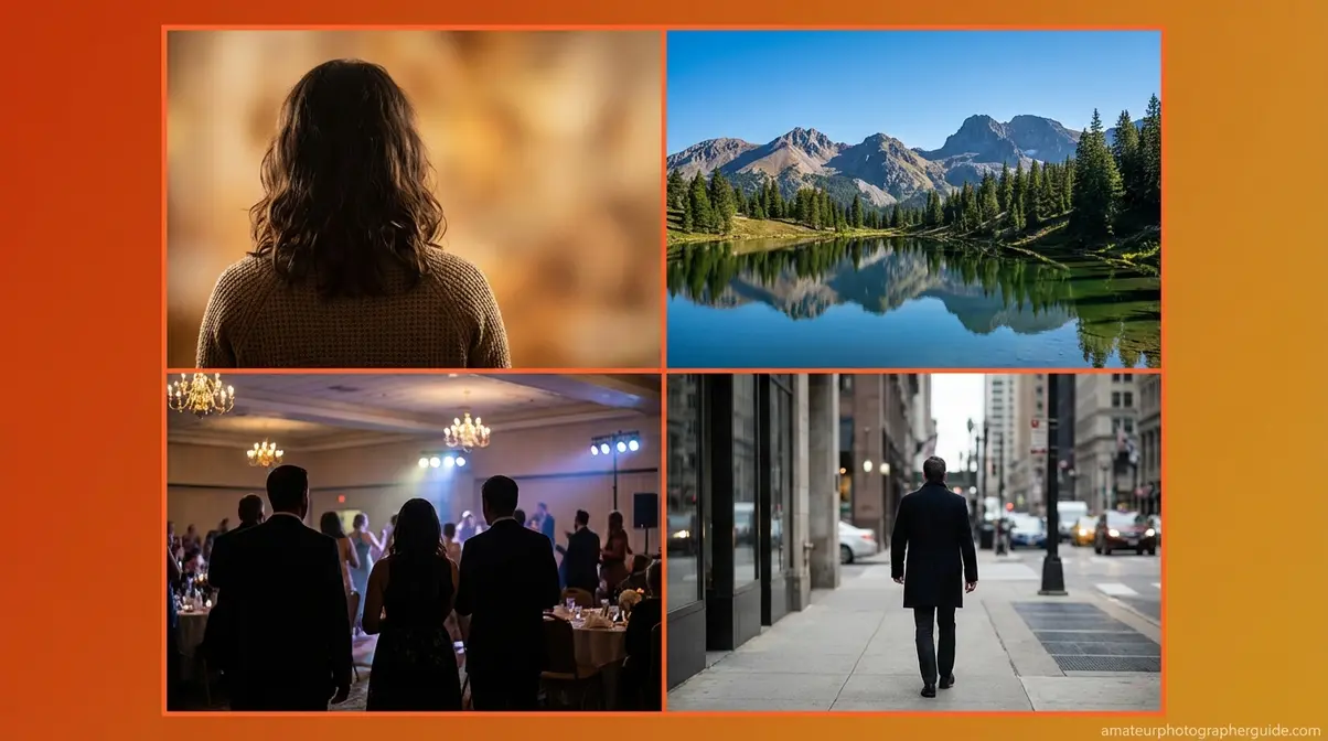 Aperture priority mode shooting scenarios showing portraits landscapes events and street photography depth of field examples