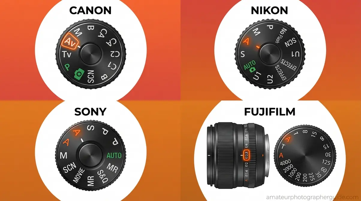 Camera dial comparison showing aperture priority mode labeled Av on Canon and A on Nikon Sony Fujifilm cameras