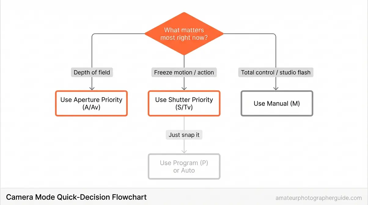 Decision tree flowchart for choosing between aperture priority shutter priority manual and program camera modes