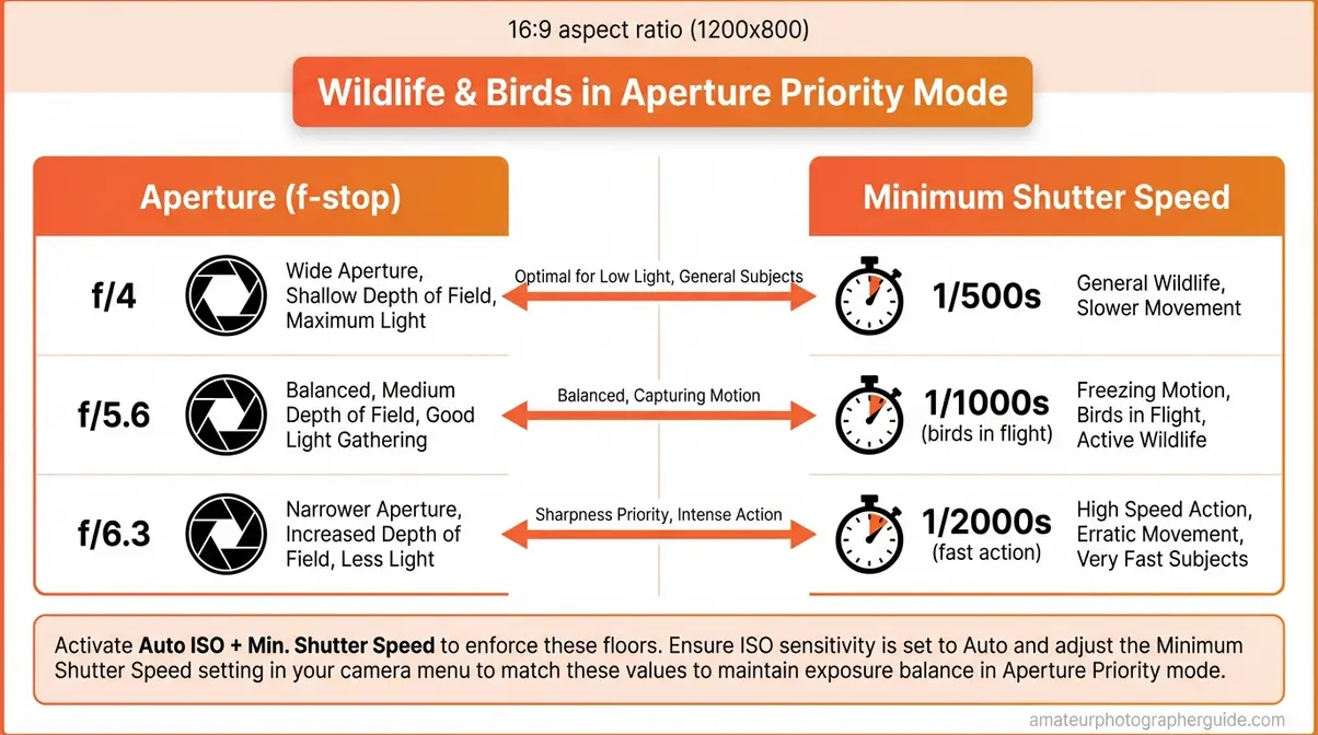 Wildlife and bird photography aperture priority mode diagram showing f-stop and minimum shutter speed recommended pairings