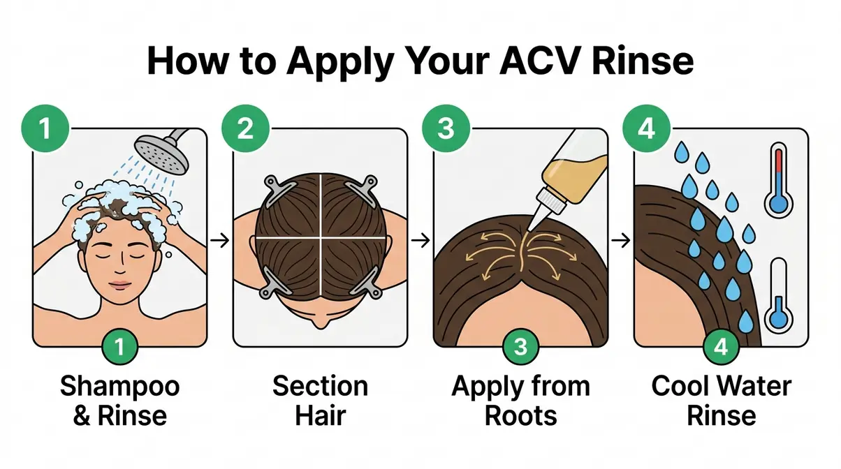 Step-by-step diagram showing how to apply an apple cider vinegar hair rinse from sectioning to cool water rinse