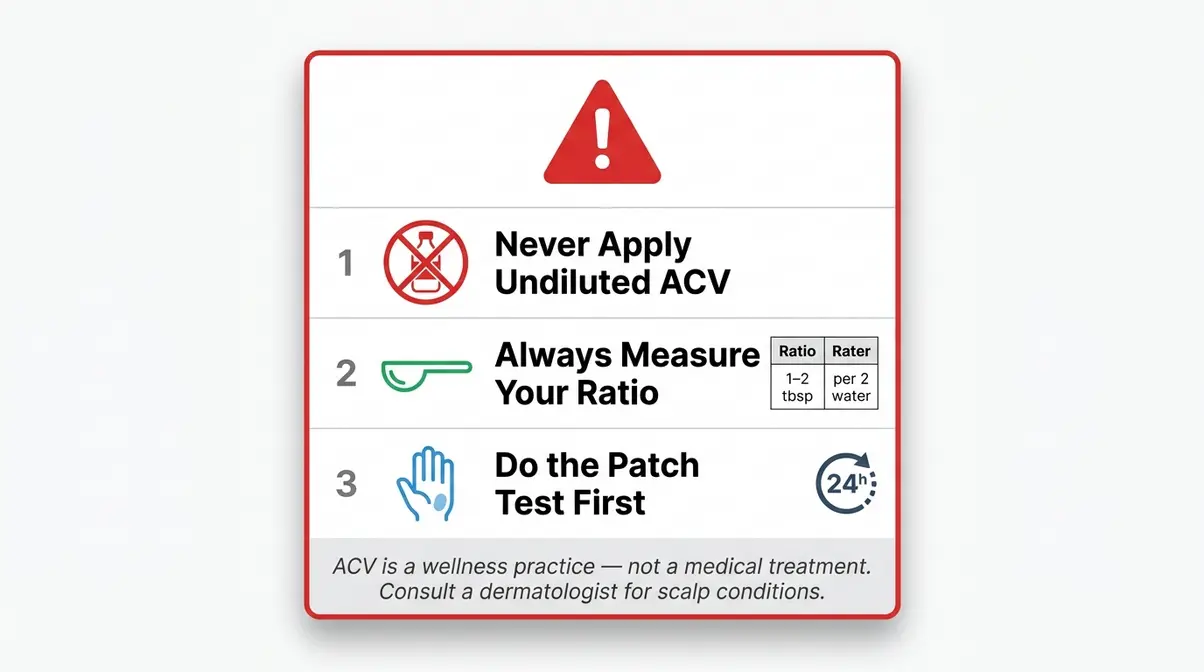 Apple cider vinegar hair rinse safety warning card showing three rules: no undiluted ACV, measure ratio, and patch test