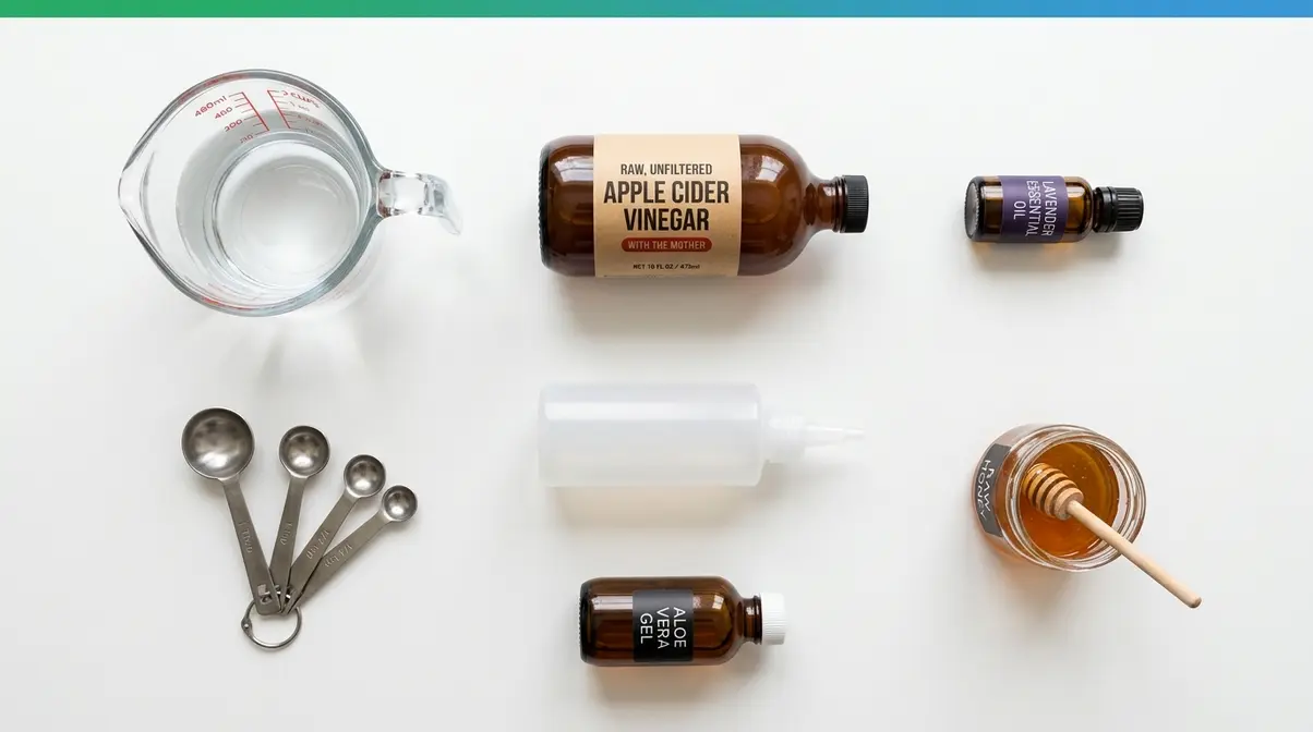 Apple cider vinegar hair rinse ingredients and tools including ACV bottle, squeeze bottle, measuring spoons, and optional add-ins
