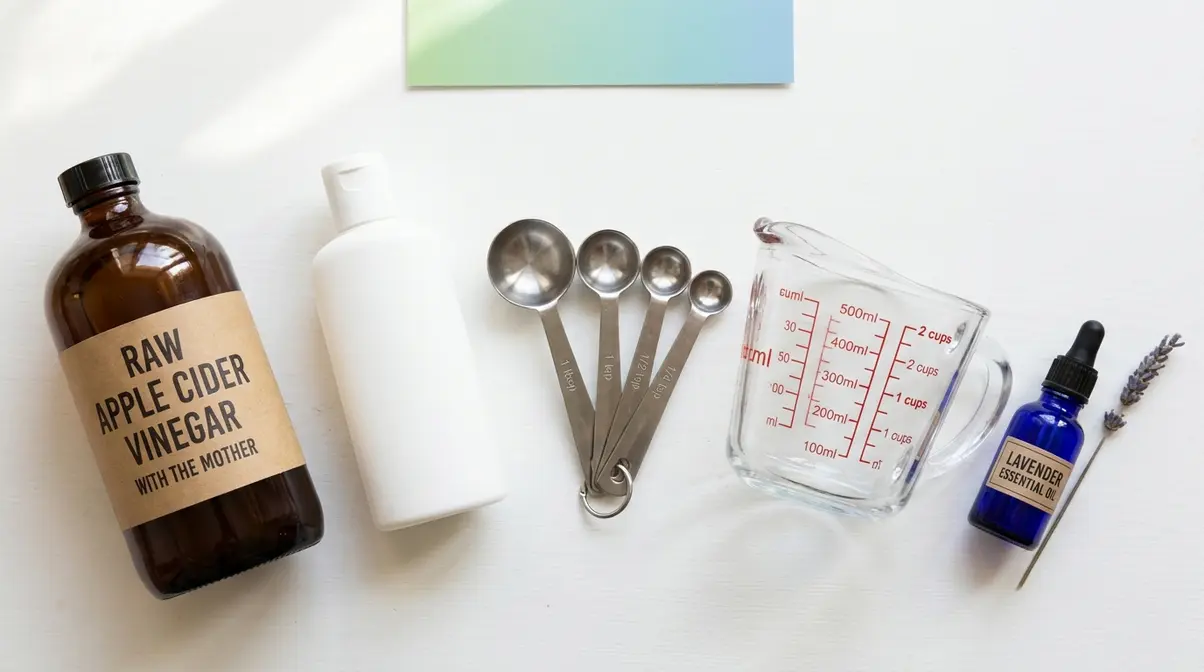 Ingredients for a DIY apple cider vinegar hair rinse laid out on a white surface