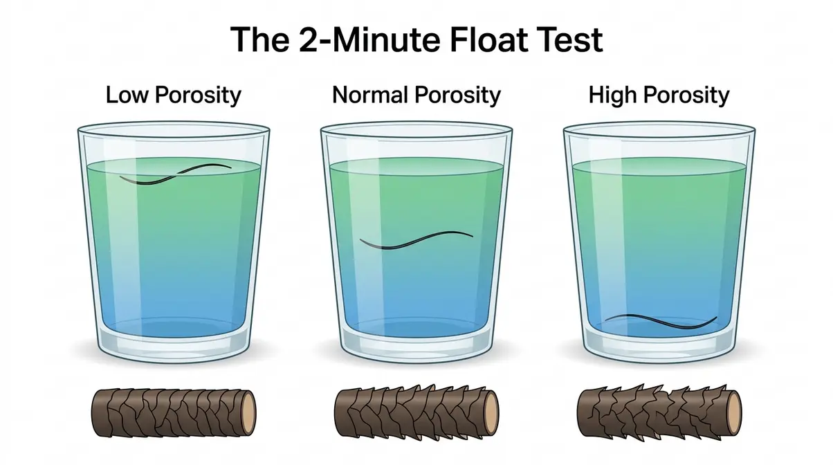 Hair porosity float test showing low, normal, and high porosity strands in water glasses with cuticle diagrams