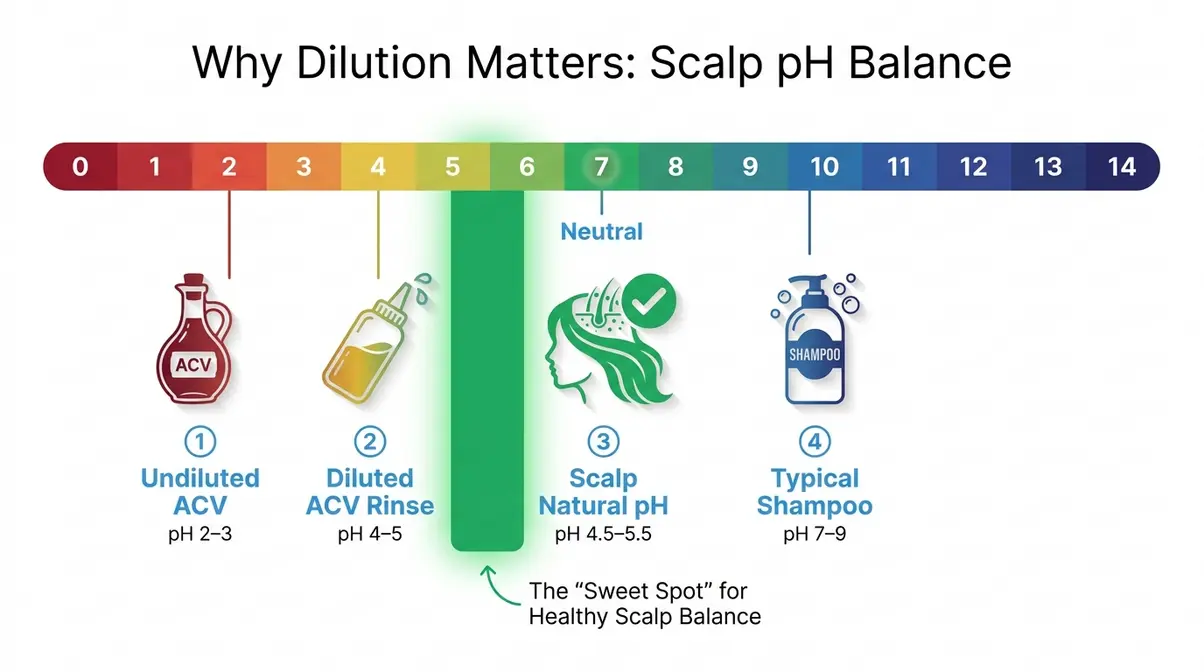 pH scale diagram showing how a diluted apple cider vinegar hair rinse restores scalp pH balance
