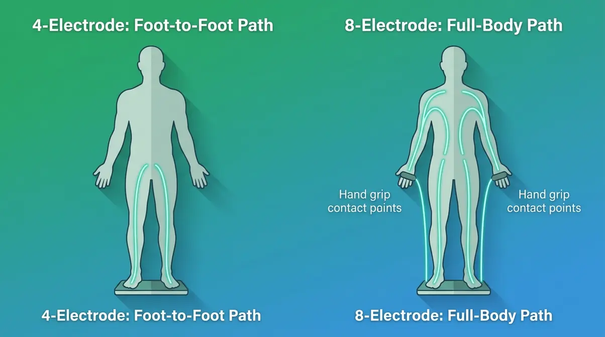 Diagram comparing 4-electrode versus 8-electrode BIA smart scale body composition measurement paths