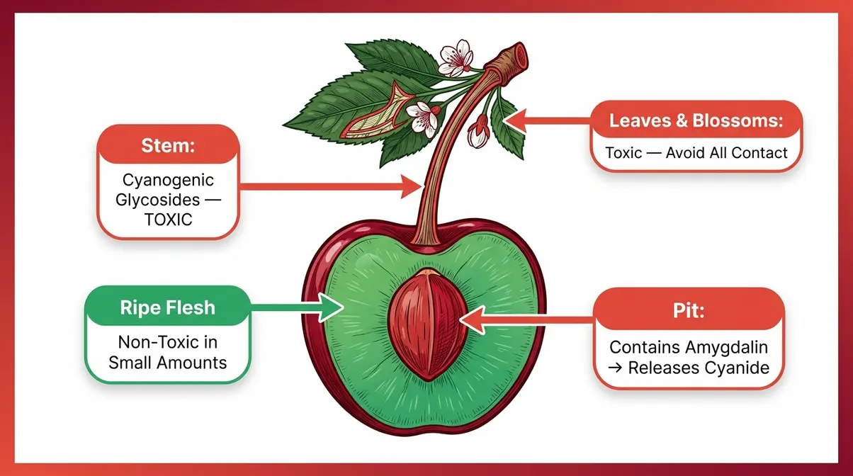 Cherries toxic to cats diagram showing which cherry parts are safe versus dangerous