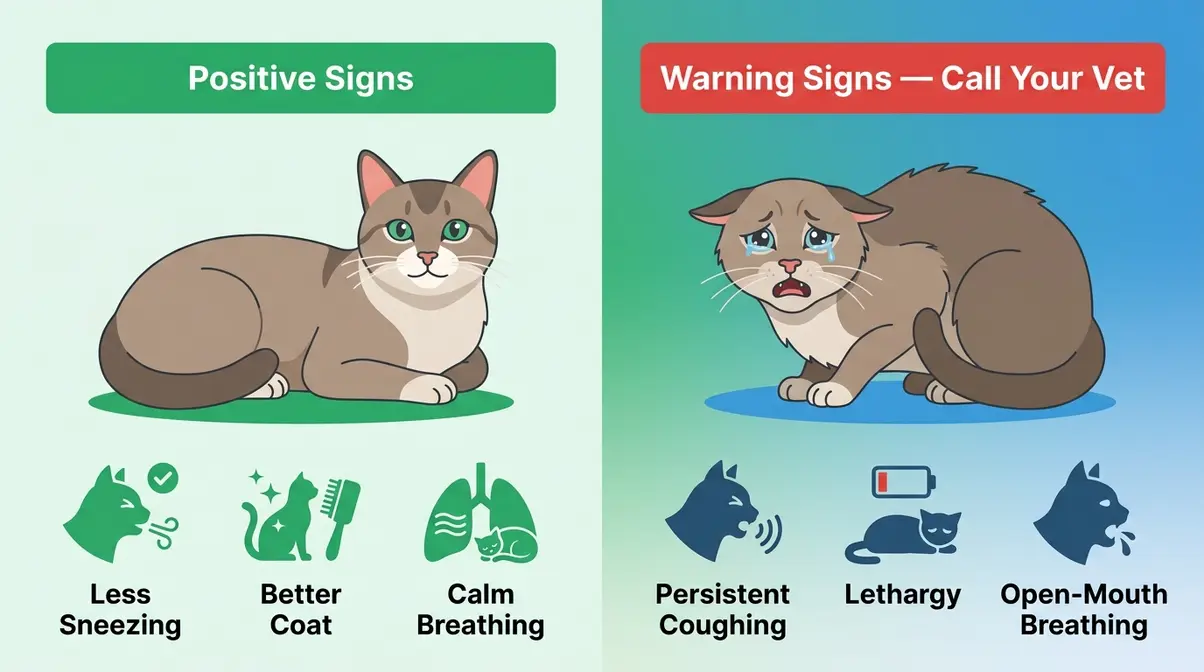 Illustrated guide showing positive signs and warning signs when monitoring a cat near a humidifier