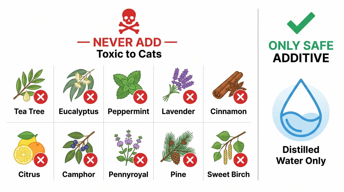 Chart of essential oils toxic to cats in humidifiers versus the only safe additive distilled water