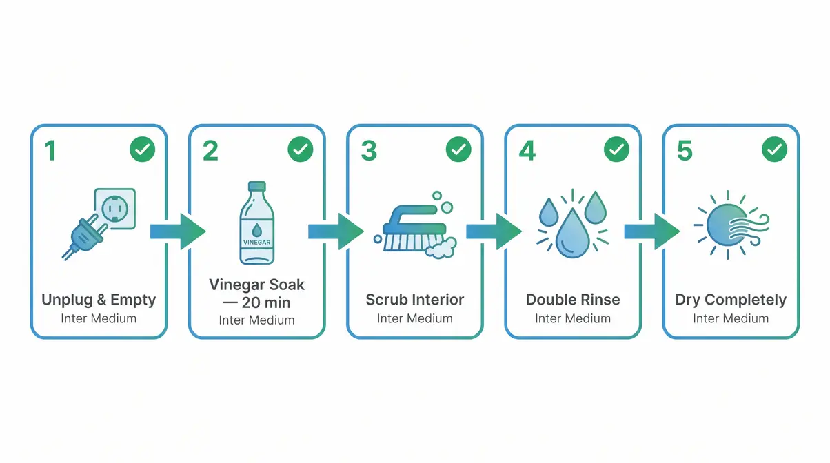 Step-by-step humidifier cleaning checklist for cat owners showing five steps to prevent mold and bacteria