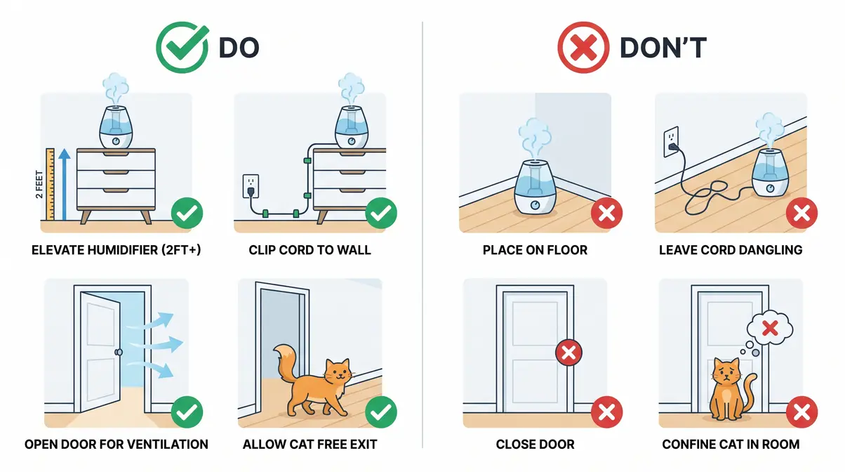 Infographic showing safe versus unsafe humidifier placement for cats with illustrated dos and don'ts