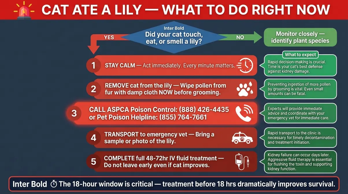 Emergency action plan flowchart for cat lily poisoning showing five-step guide what to do now