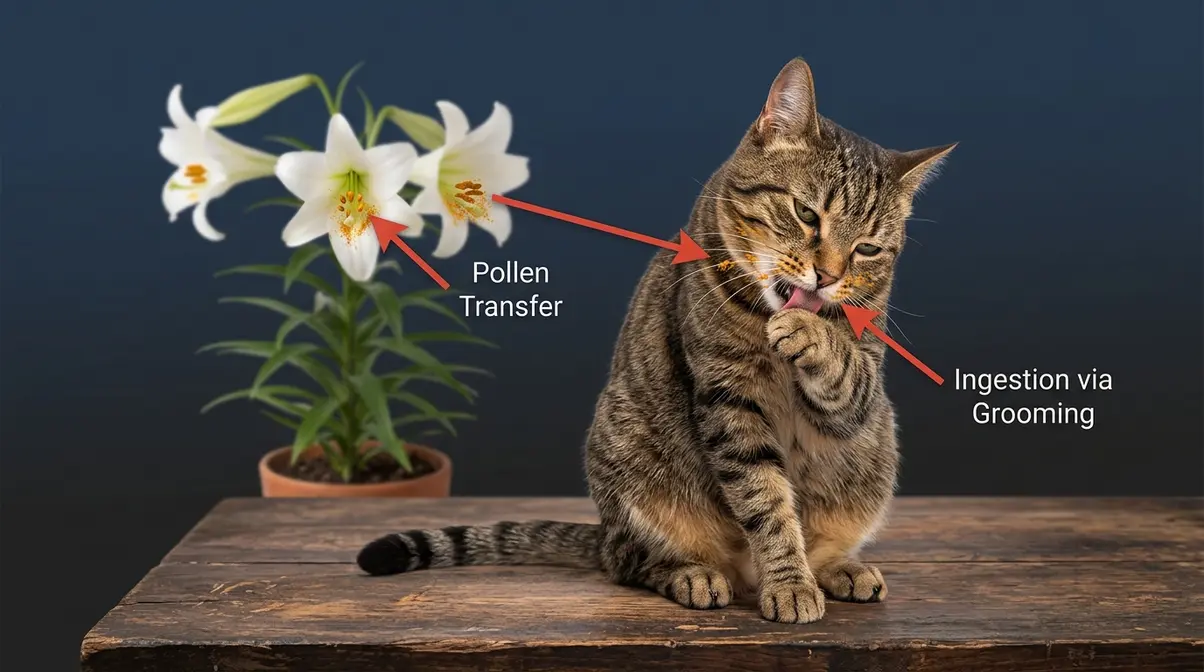 Cat grooming lily pollen from whiskers showing dangerous ingestion route from lily exposure